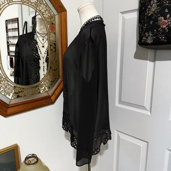 VTG Y2K G Studio Black Sheer Mesh Beaded Leaf Cut Out Long Sleeve Light Cardigan - Picture 3 of 7